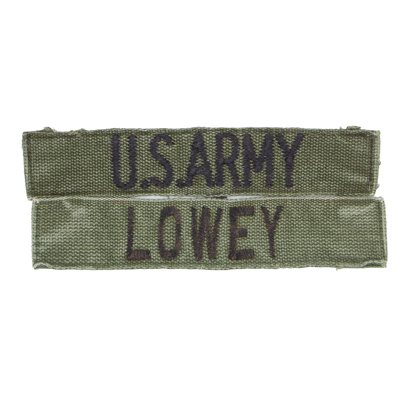 1960s US-Made Subdued Embroidered 'Lowey' US Army / Name Tape Set
