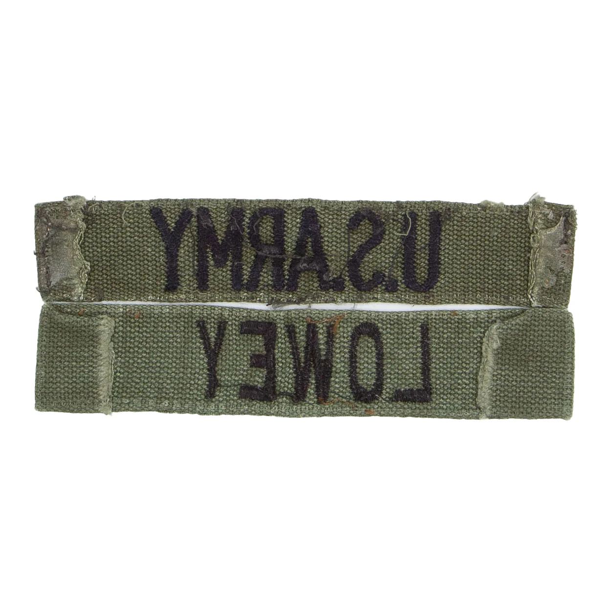 1960s US-Made Subdued Embroidered 'Lowey' US Army / Name Tape Set - Image 2
