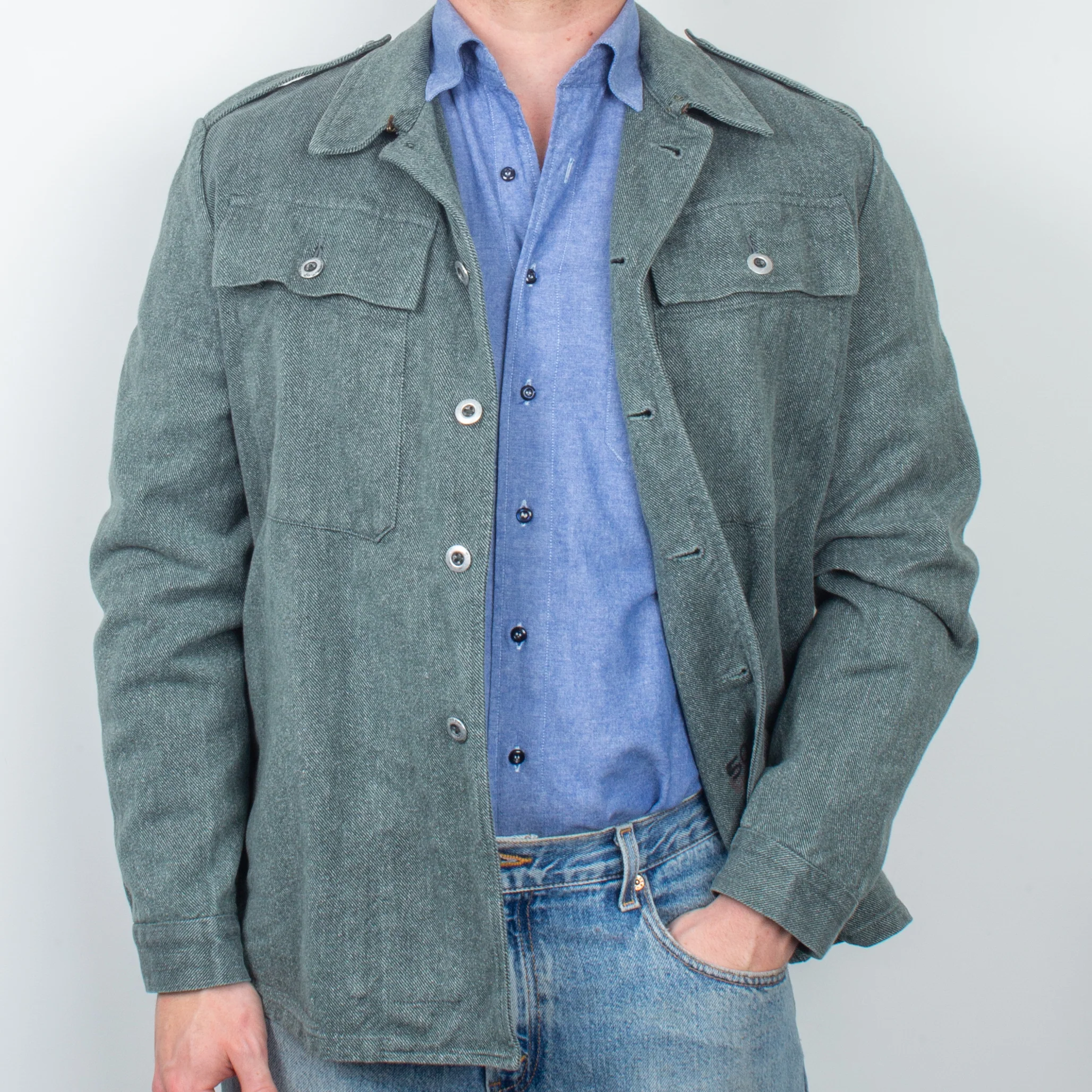 60s Vintage Swiss Army Salt & Pepper Denim Chore Jacket - Medium - Image 8